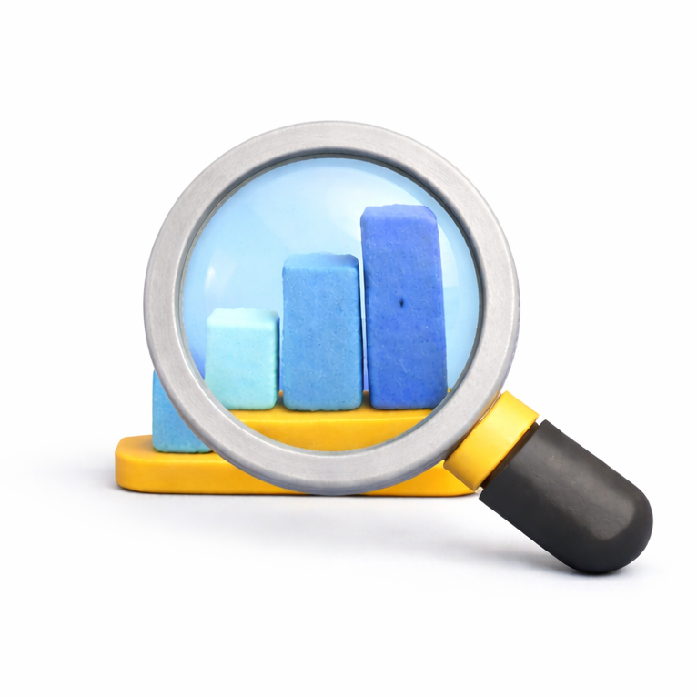 Felt magnifying glass over a bar chart