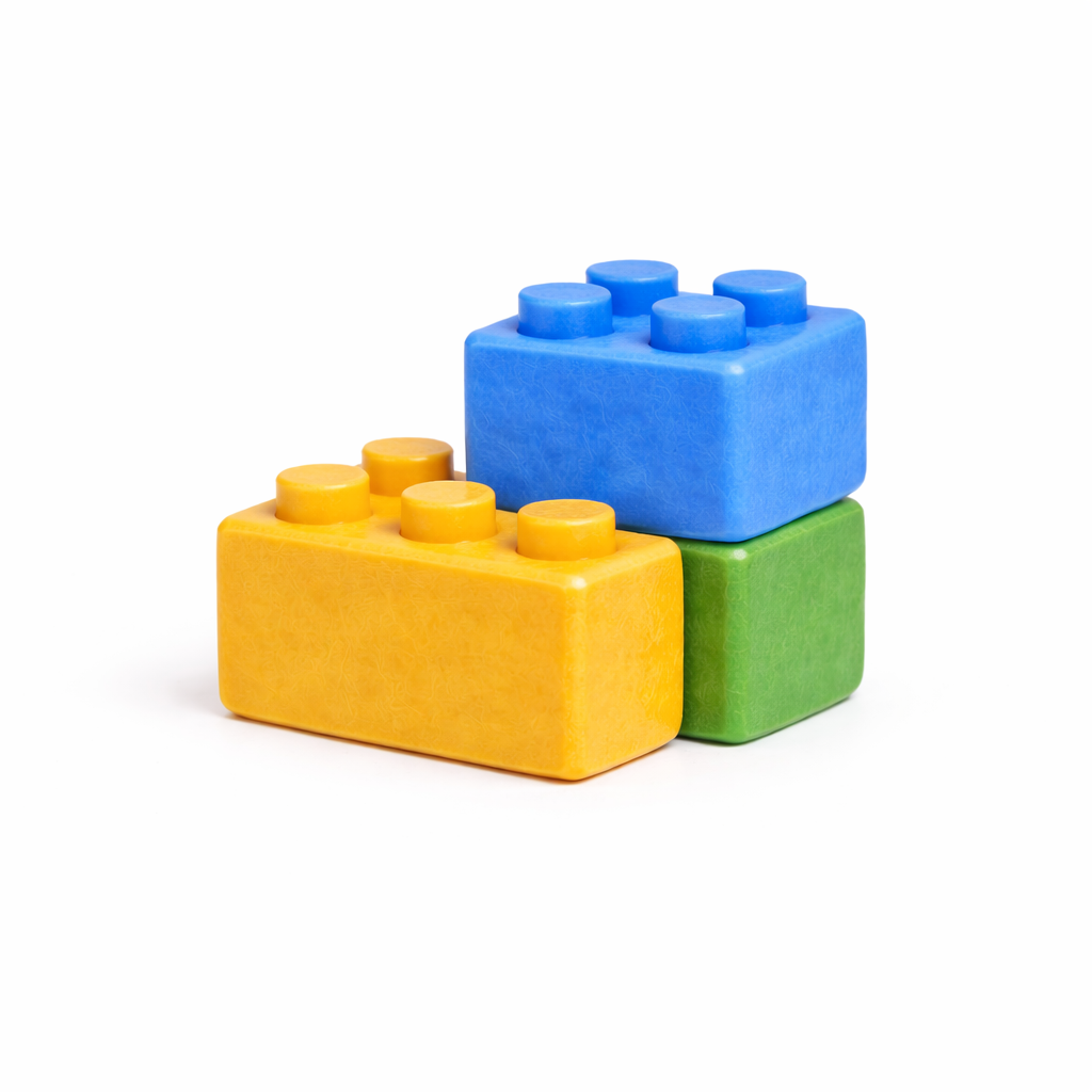 Felt building blocks in blue, green, and gold