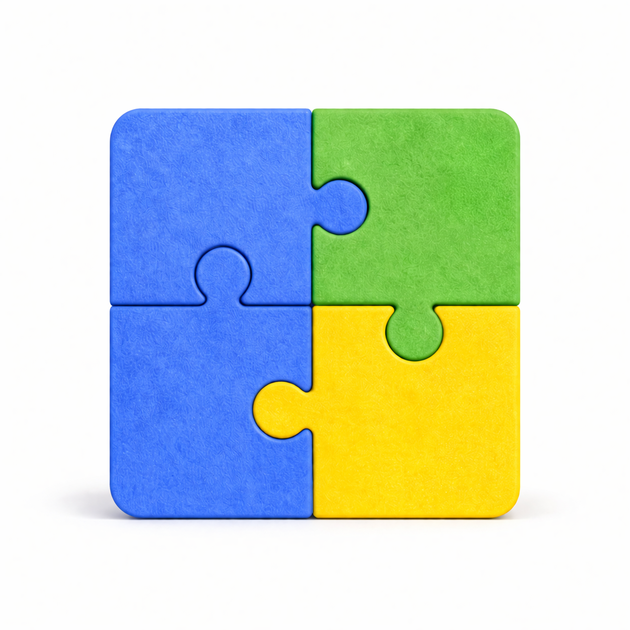 Four felt puzzle pieces clicking together in blue, green, and gold